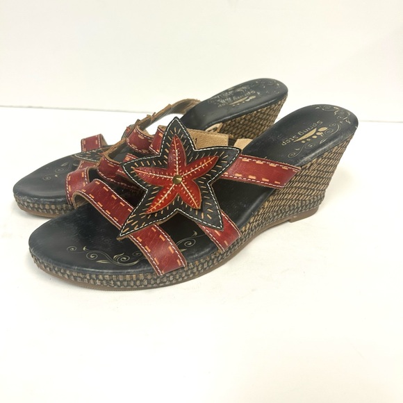 Spring Step Sandals Women 41 US 10 Leather Flower Wedges Red Black Gardenia Boho - Picture 9 of 11